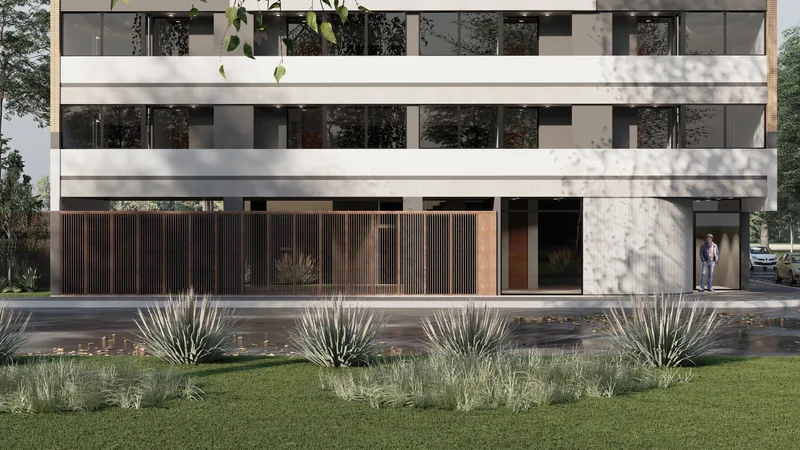 Render del Edificio RIVA: la fachada vista desde la vereda, con la carpintería de madera de planta baja y el cantero de gramíneas al frente.