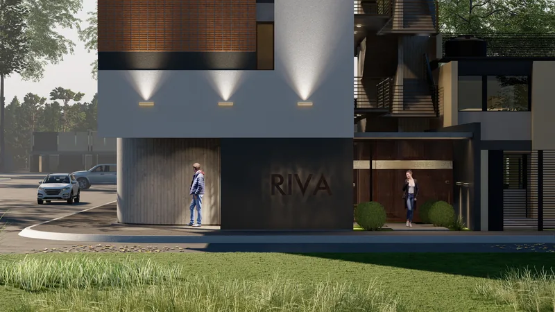 Render del ingreso del Edificio RIVA desde la calle, con el portón de madera a un lado del acceso.