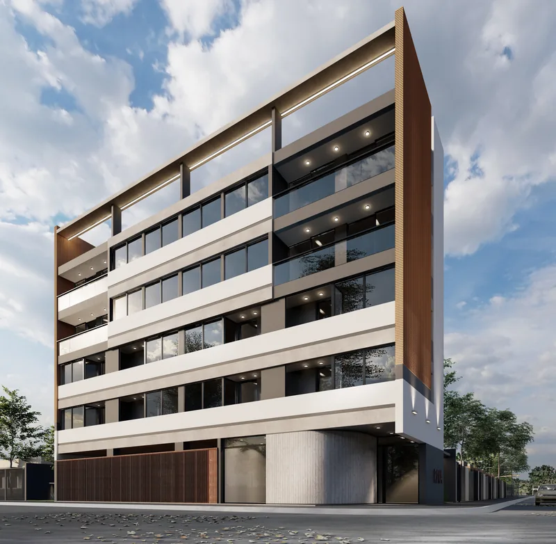 Render del Edificio RIVA en escorzo: los balcones corridos de cada nivel y el volumen de madera del frente.