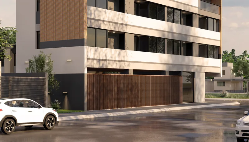 Render de la planta baja del Edificio RIVA desde la calle, con el portón de madera del acceso vehicular.