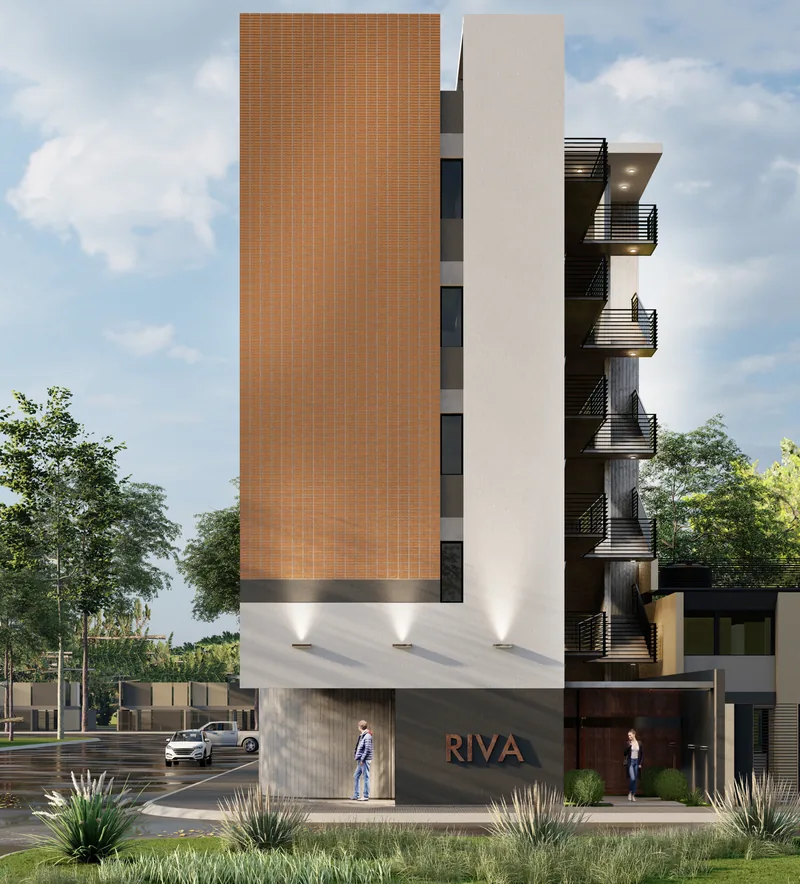 Render del lateral angosto del Edificio RIVA, con el paño de madera que sube toda la altura del edificio.