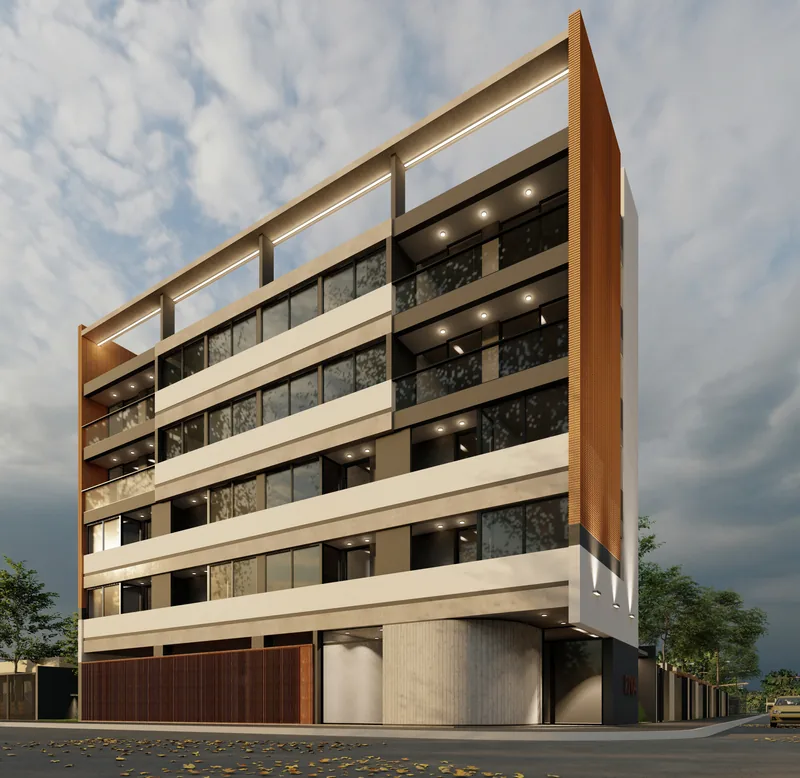 Render del Edificio RIVA en contrapicado desde la vereda de enfrente, con la fachada principal completa.