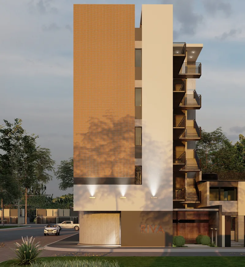 Render lateral del Edificio RIVA, con los balcones escalonados y la arboleda de la calle.