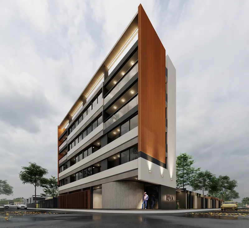 Render frontal del Edificio RIVA con el edificio entero y la calzada en primer plano.