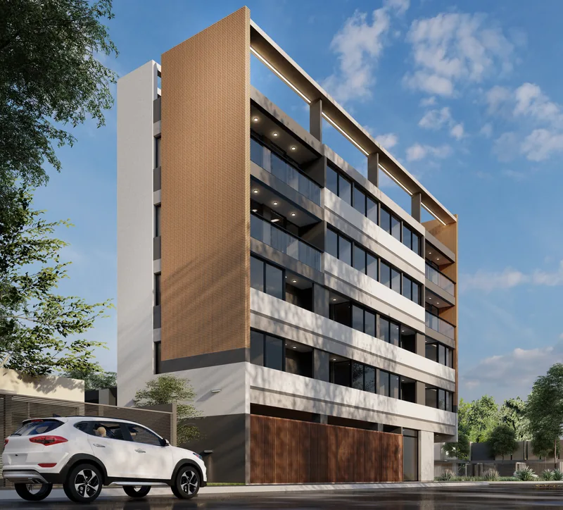 Render del Edificio RIVA de tres cuartos desde la esquina, con un árbol en primer plano.