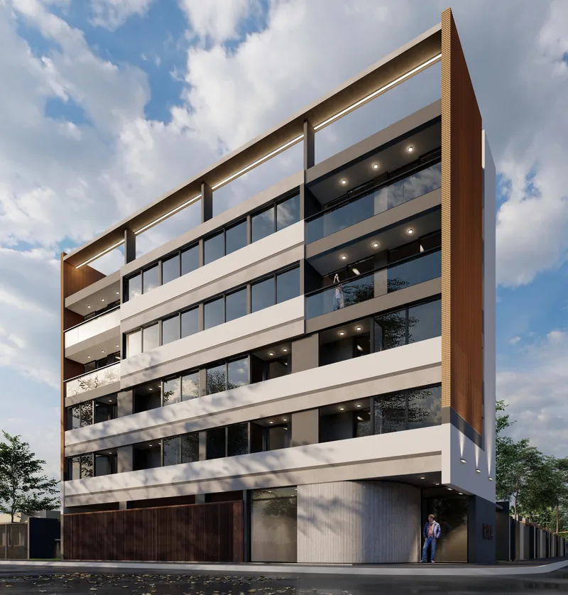 Render del Edificio RIVA desde la esquina, con el acceso vehicular y la vereda en primer plano.