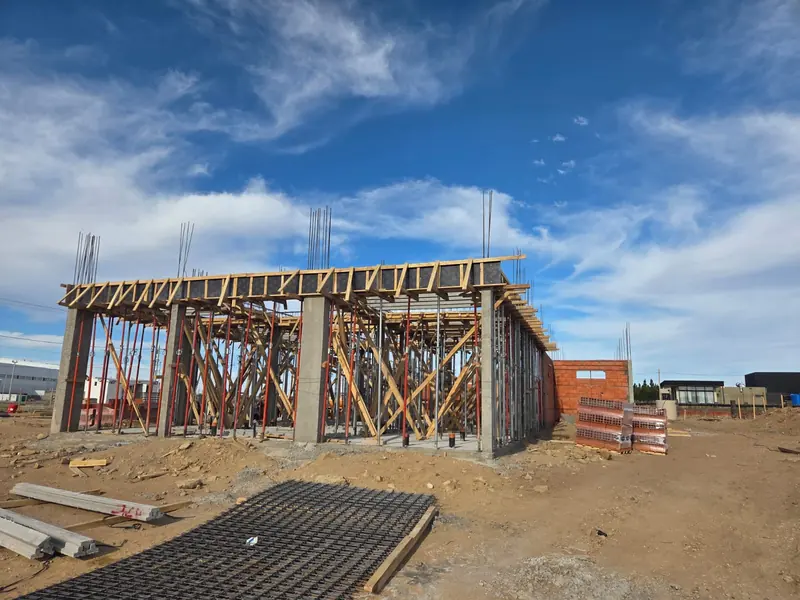 Timber formwork and props for the building's reinforced concrete beams and columns