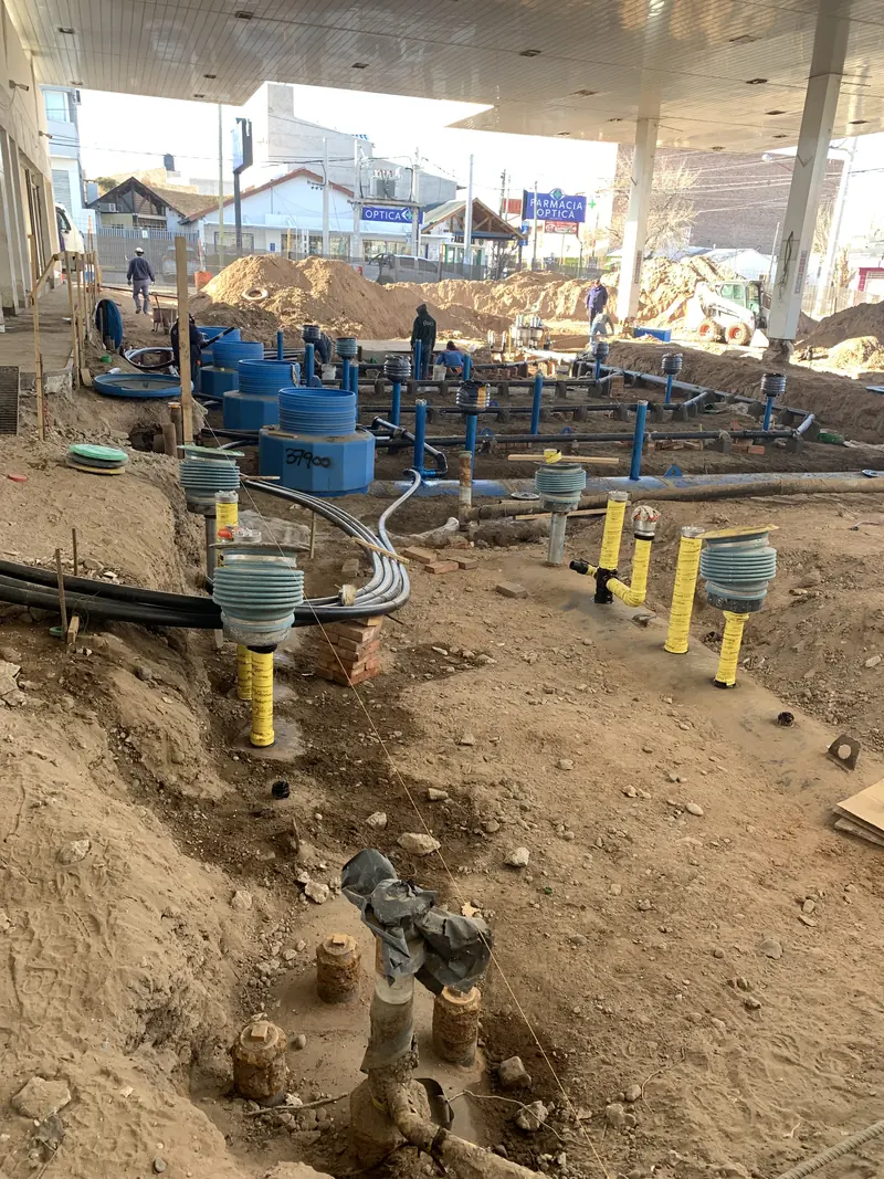 Forecourt under construction with pipework, containment sumps and vents before the pour